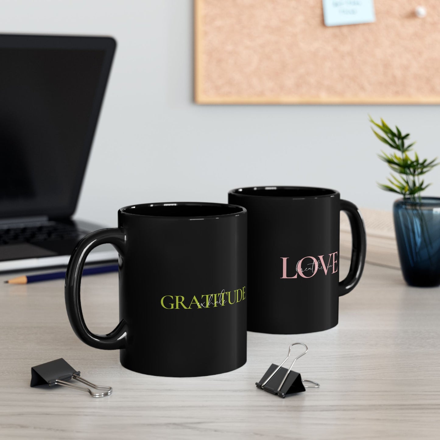 Breathe in Love, Exhale Gratitude Black Mug (11oz,)