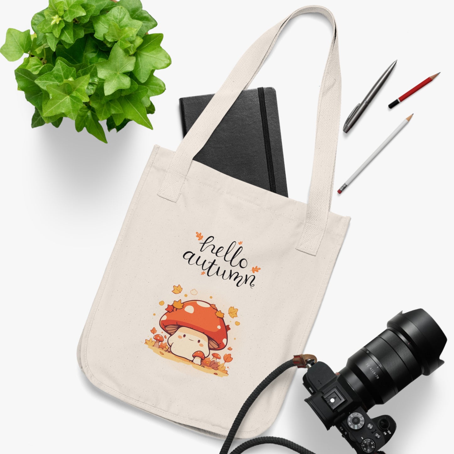 Hello Autumn Organic Canvas Tote Bag | Eco-Friendly Fall-Themed Tote