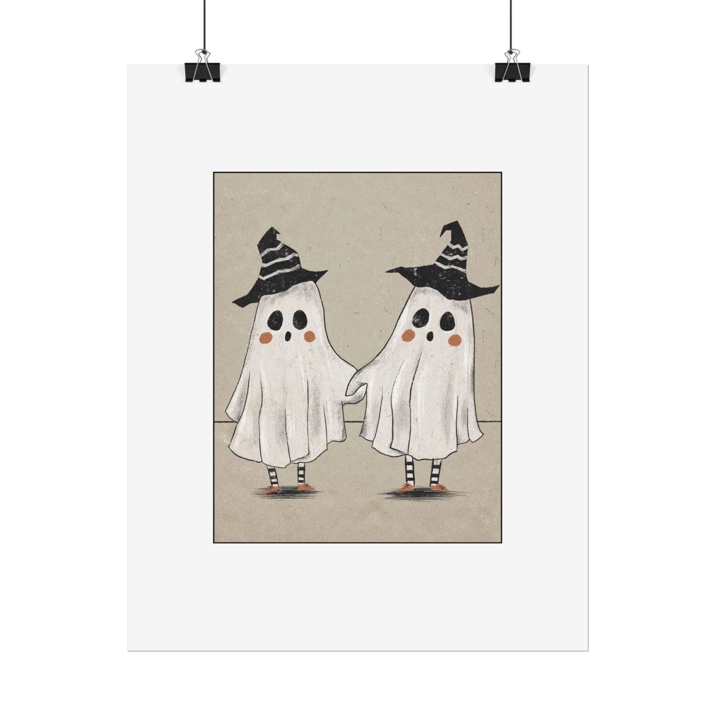 Two Ghosts Holding Hands Rolled Poster | Whimsical Halloween Wall Art